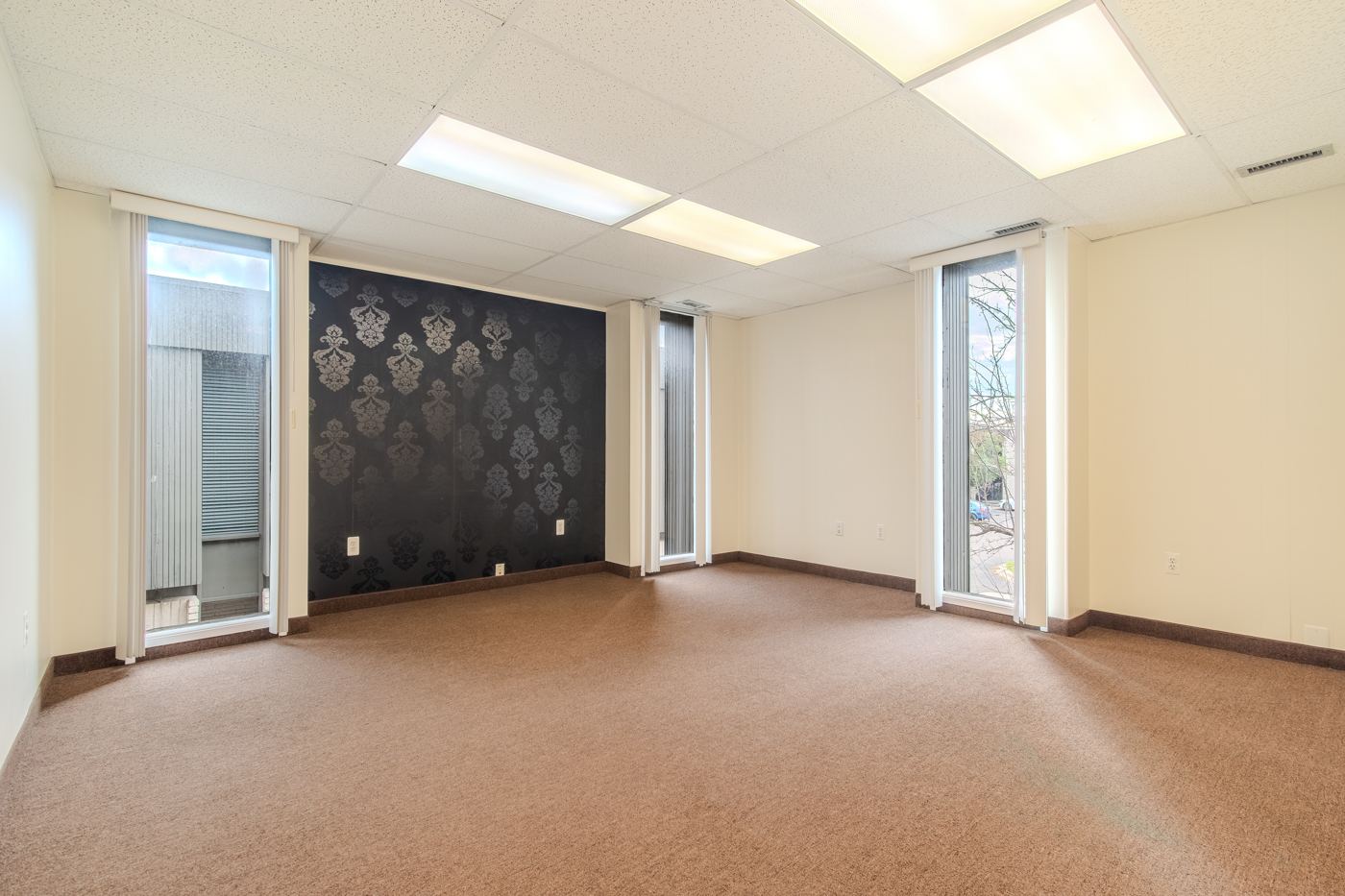 Suite 200 at 17340 West 12 Mile, a large office with tall windows and a patterned accent wall
